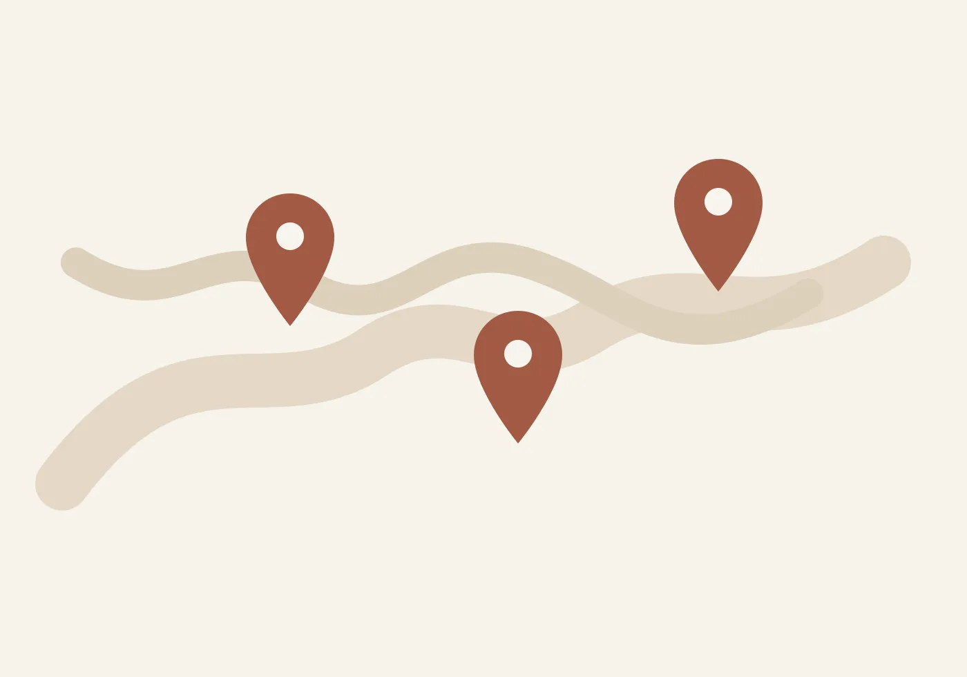 A printed map on cream paper with three clay pins
