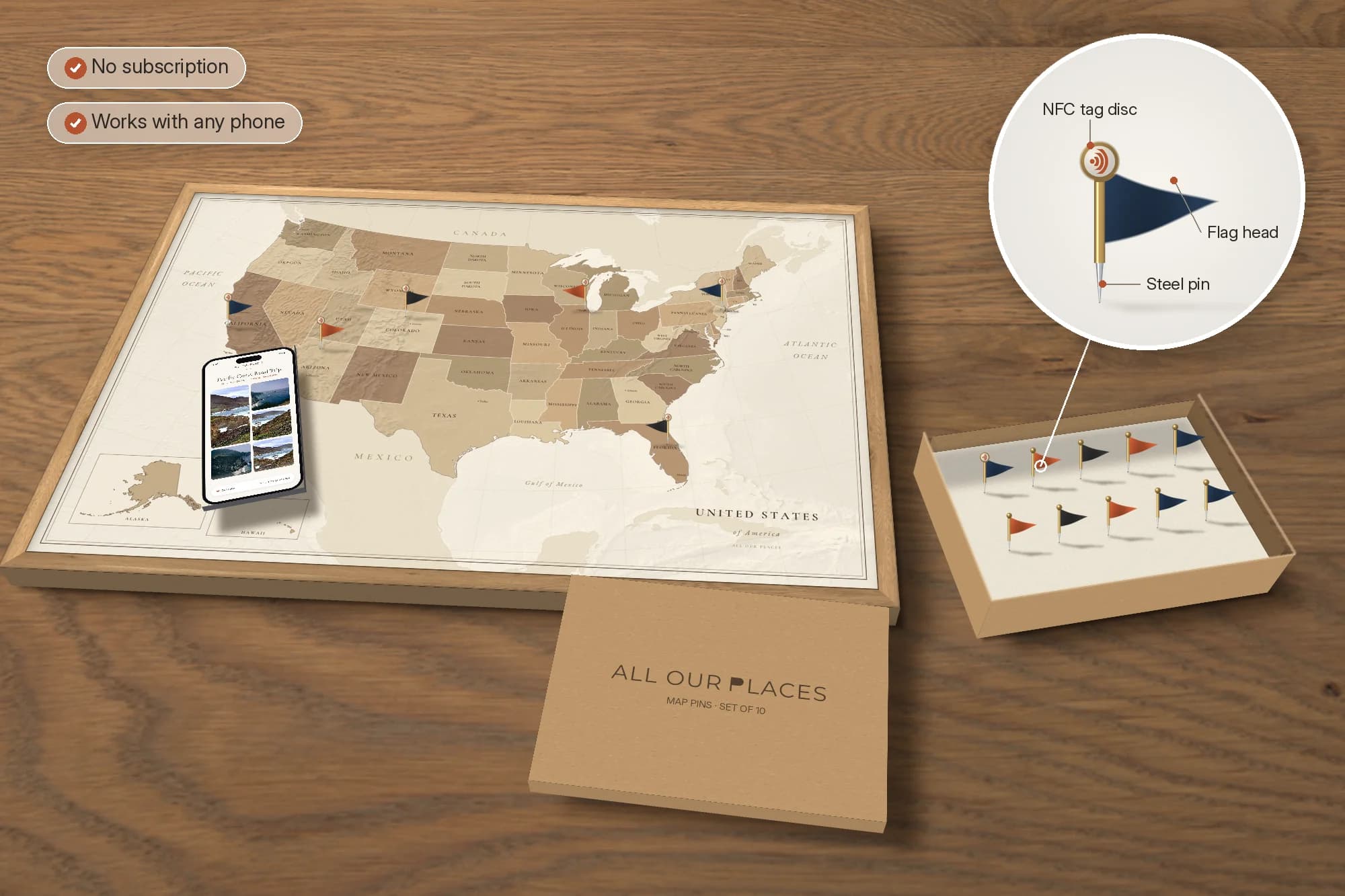 Framed Saddle-style map, brass pins, and the pieces that ship in the box, on a white table