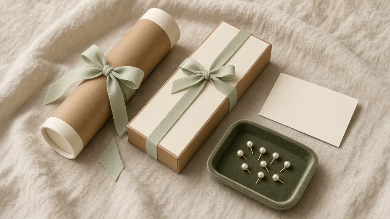 Open gift box with a rolled map, a brass pin, and a handwritten note tied in twine