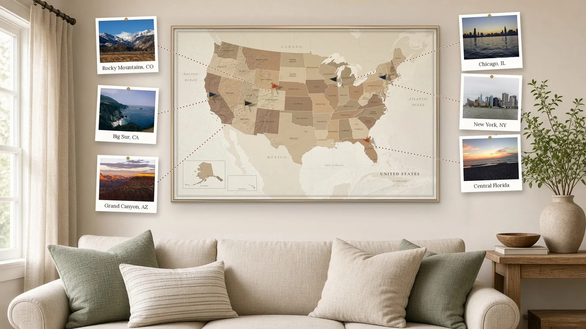 Framed Saddle-style United States map with pins, held in a living room