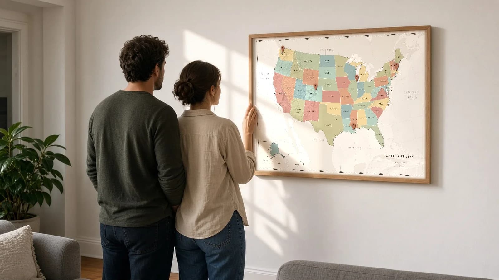 A couple looking at a colorful framed map of the United States, with pins marking places on the wall.
