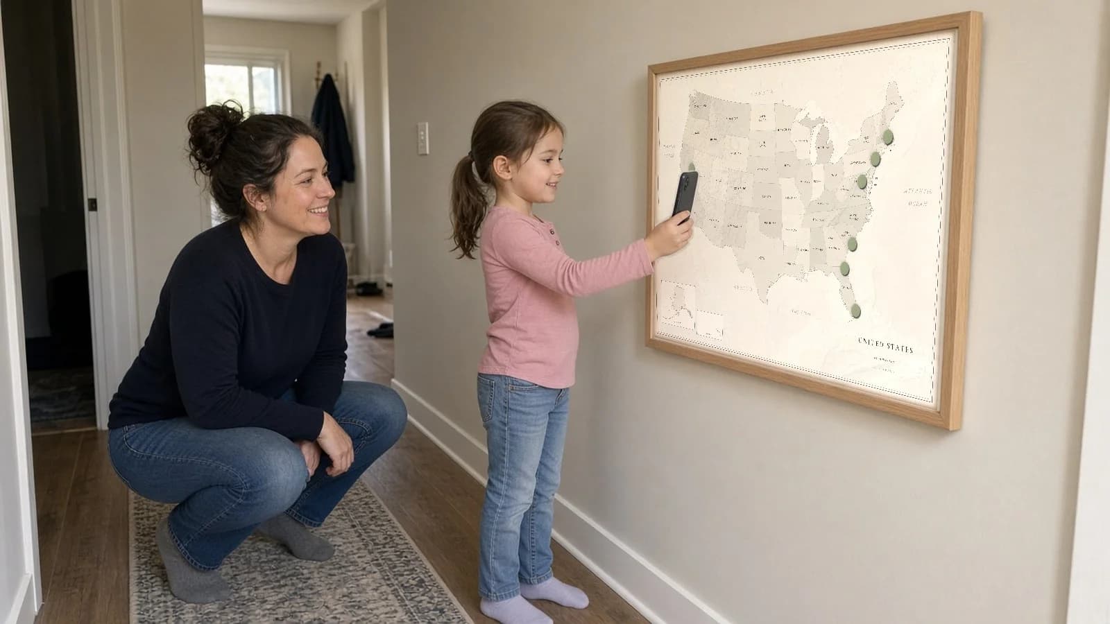 A girl taps her phone to a framed United States map with green pins while her mom watches.