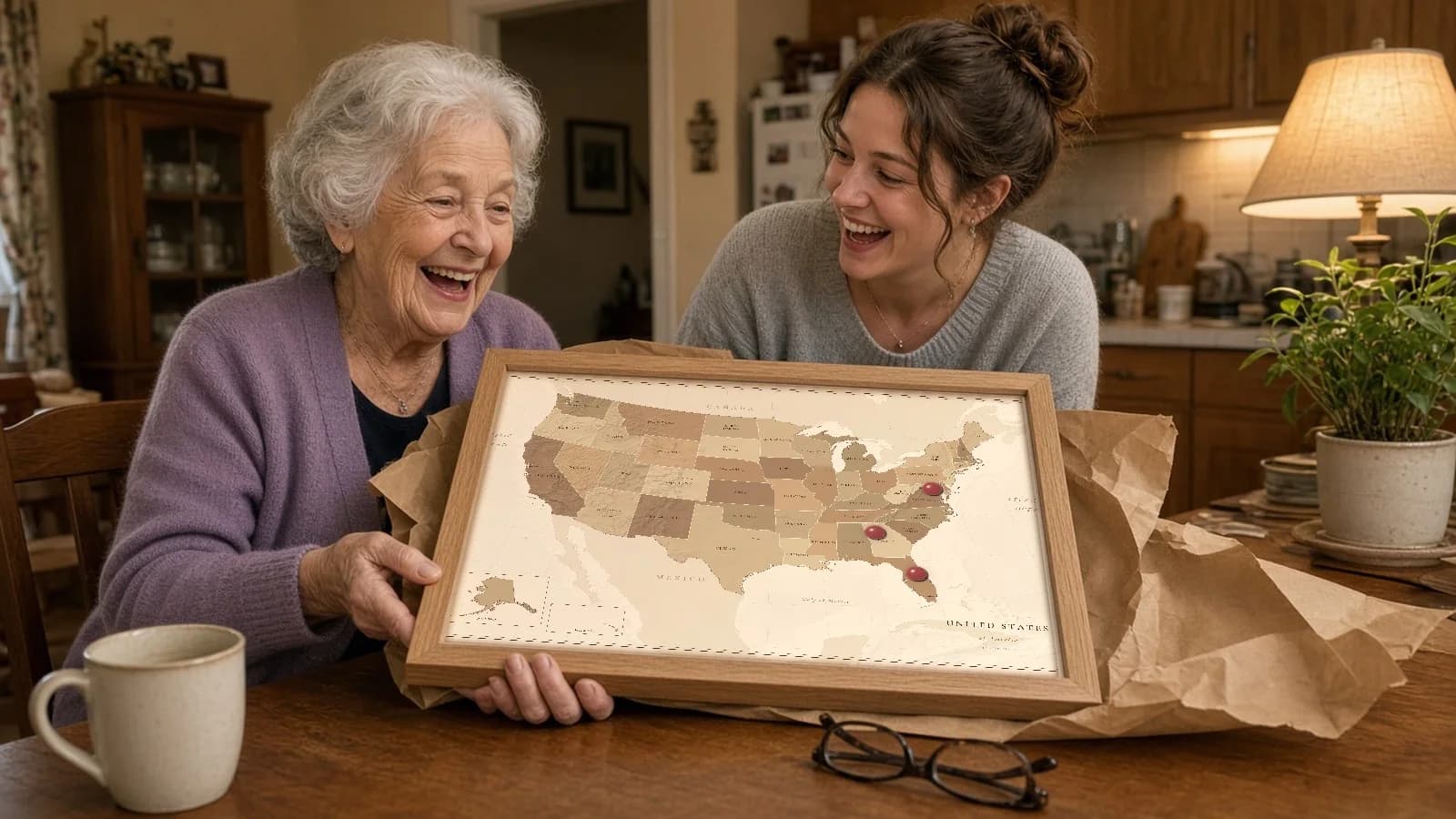 A grandmother and her daughter laugh over a wrapped framed United States map with red pins.