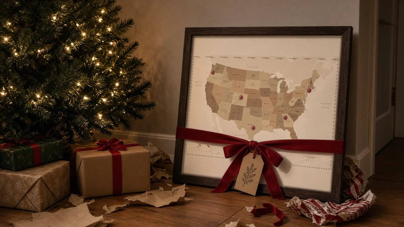 A framed United States map tied with a red ribbon beside a lit Christmas tree and wrapped gifts.