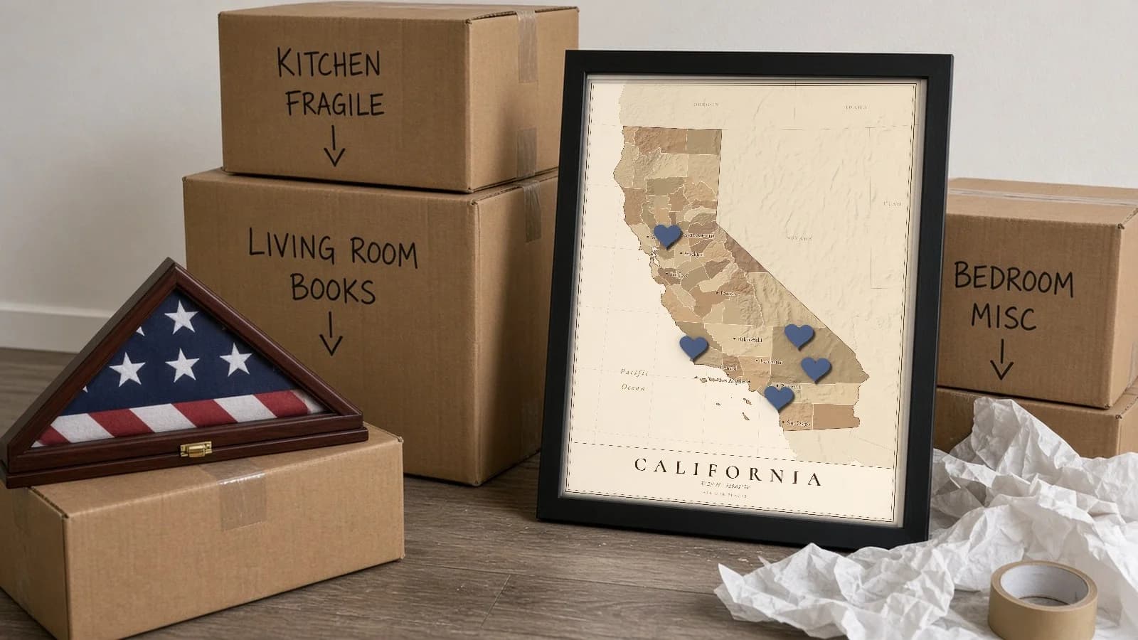 A framed California map with blue heart pins packed among moving boxes and a folded American flag.