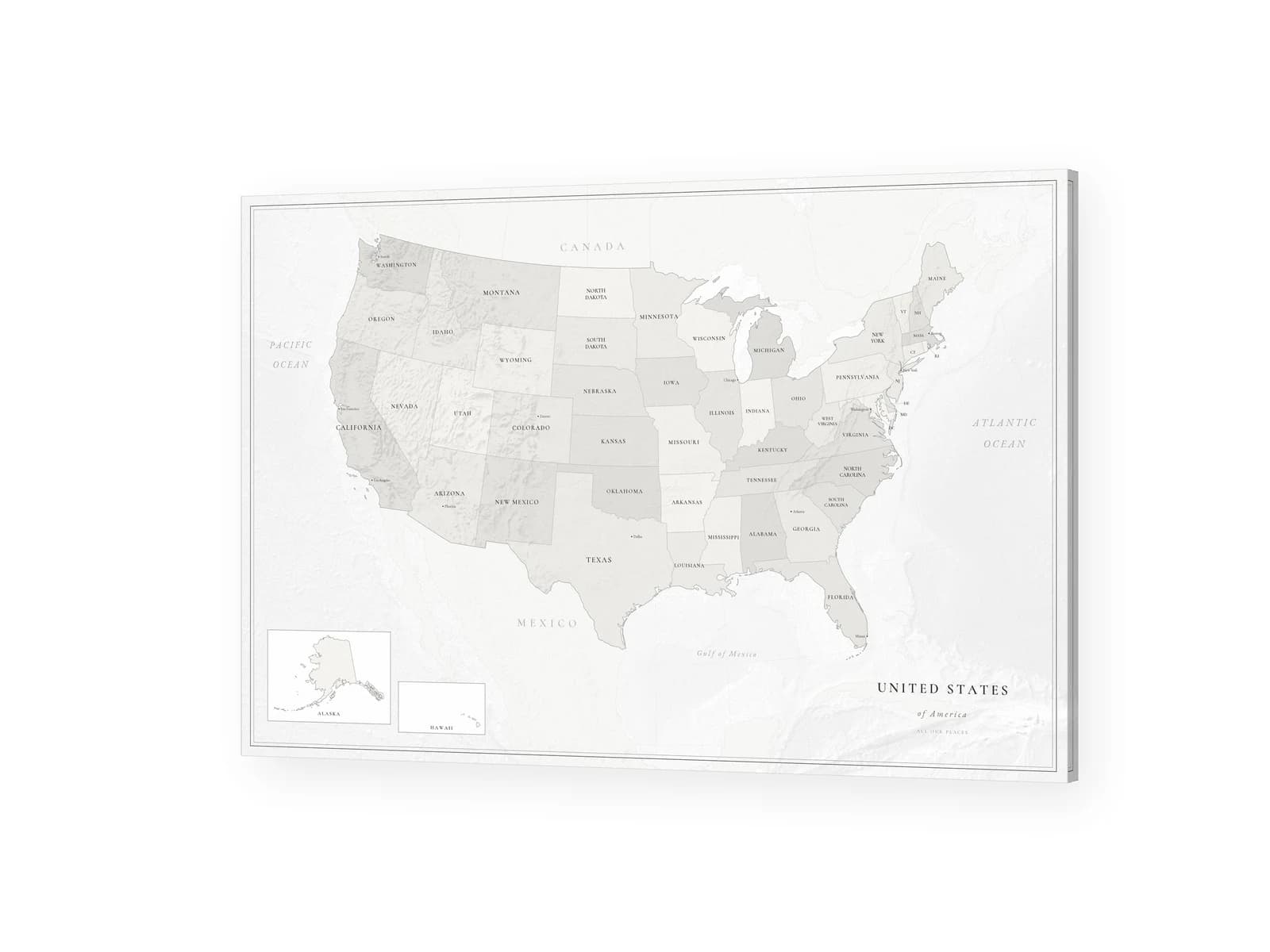 Pearl United States map in quiet whites and soft greys, in a thin black frame