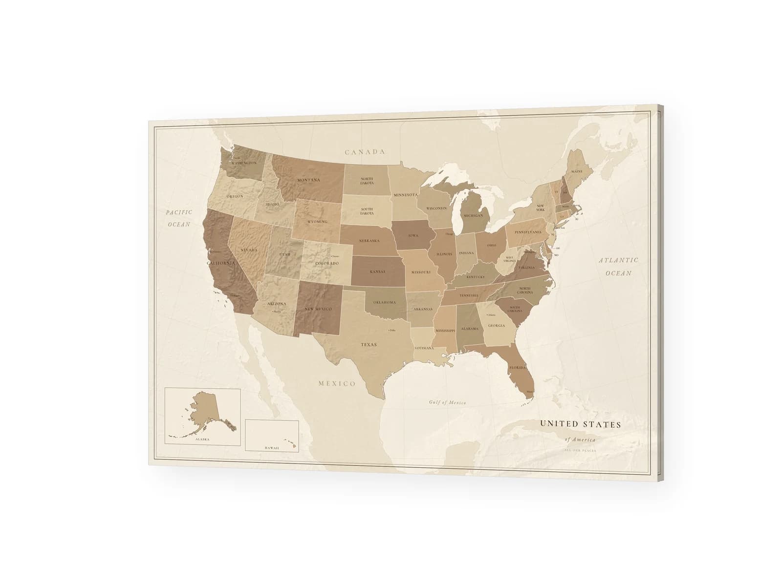 Saddle United States map in warm leather and sepia, in a thin black frame