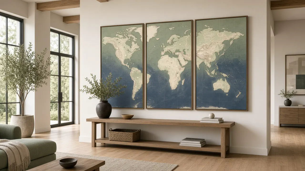 Three framed panels of a world map on a white wall, with pins across the continents