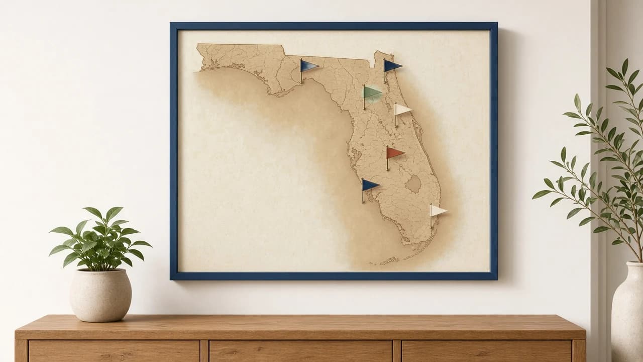 Framed Saddle-style map of Florida with brass flag pins on a white wall