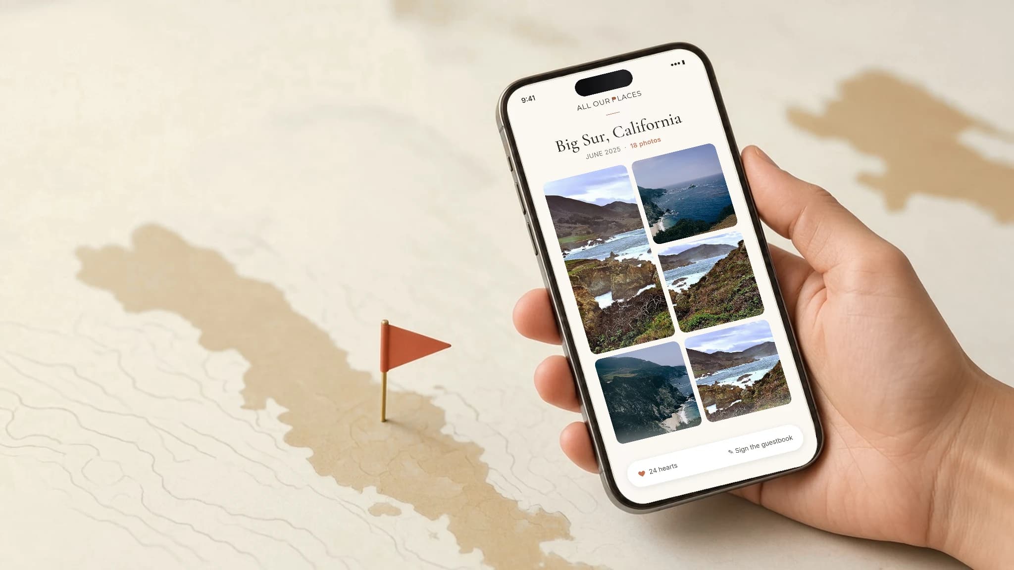 Phone open to the All Our Places gallery beside a framed Saddle-style United States map