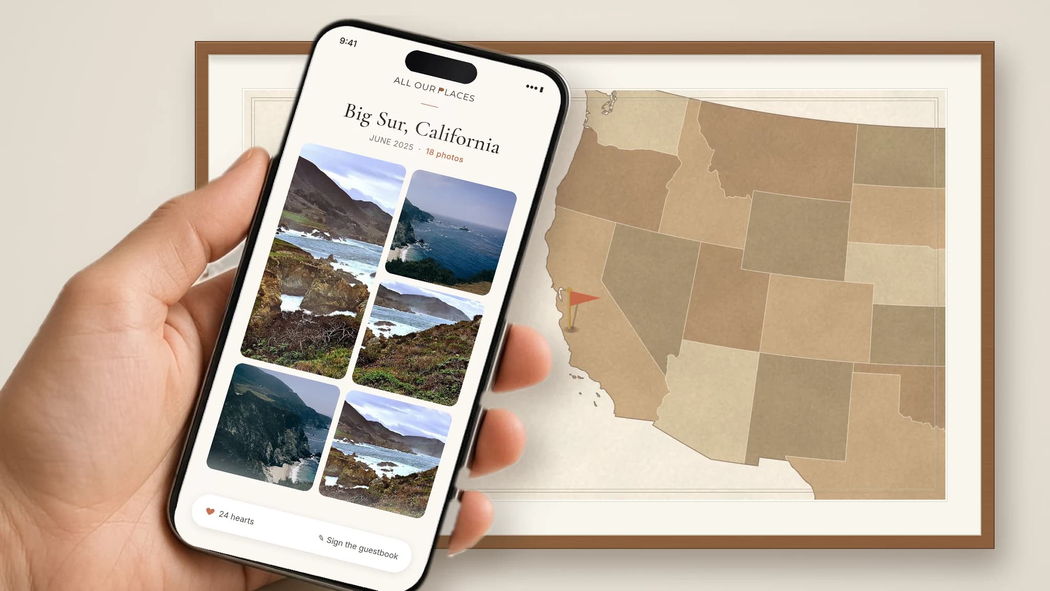A phone held to a flag pin on a framed Saddle-style world map, with the gallery open