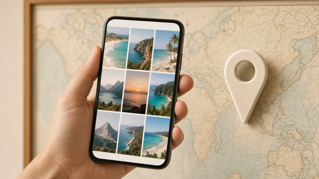 Person tapping a map pin with a phone so the photos from that place open
